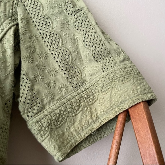 COLDWATER CREEK Garden Girl Olive Green 100% Cotton Eyelet Short Sleeve Blazer - Picture 9 of 10